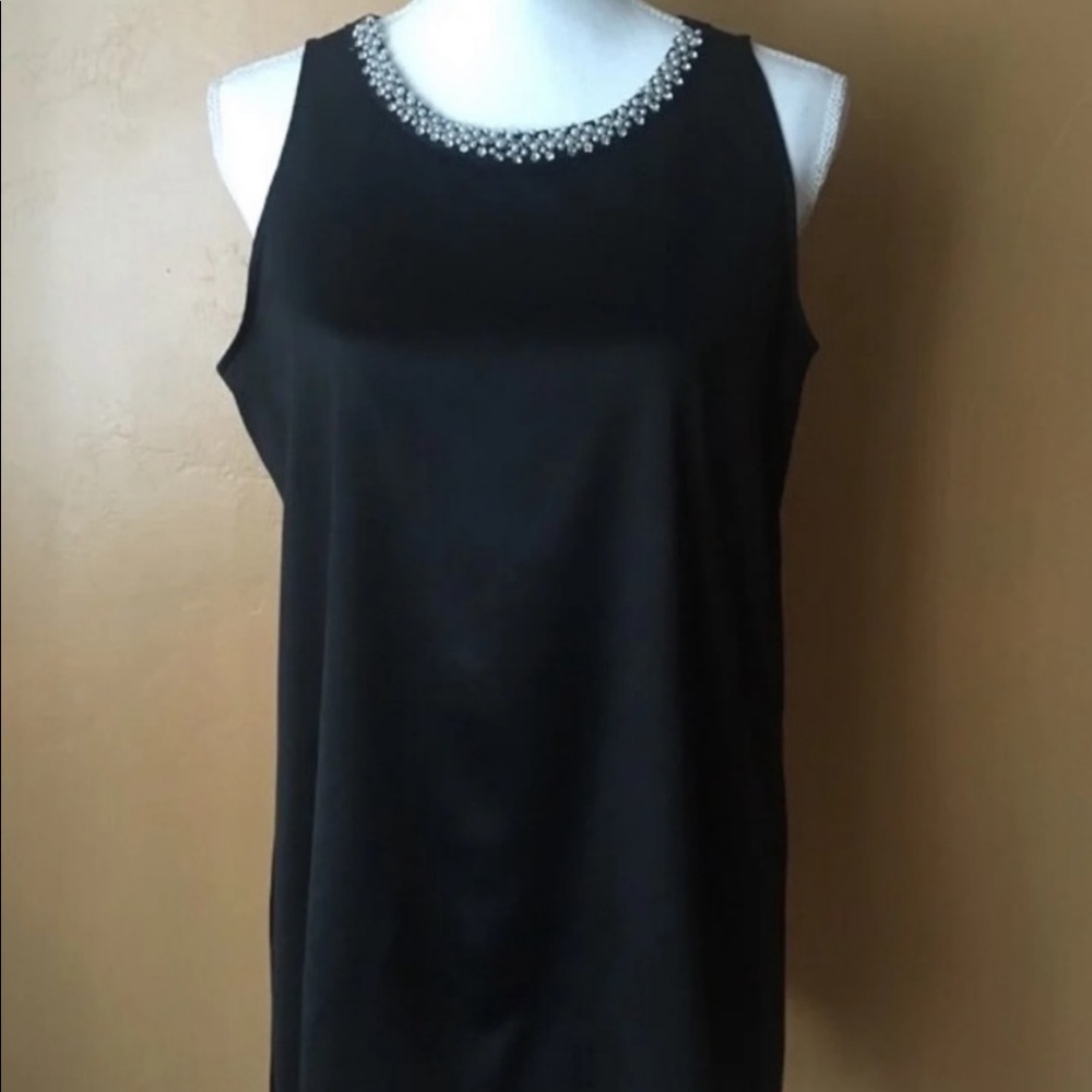 Alfani Sleeveless Black Satin Tunic Style Top with Embellished Neckline  (M)